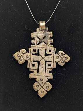 Vintage Ethiopian Coptic Cross Pendant Brass Gold Tone Statement Necklace